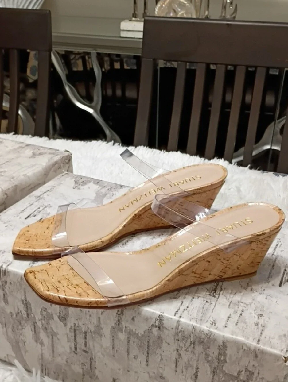 Stuart Weitzman Cork Wedge Sandals with Clear Straps - Natural & Clear - Picture 6 of 12